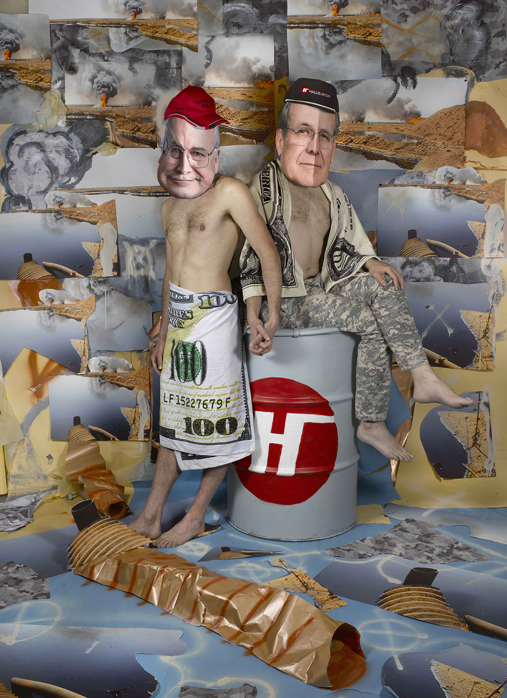 Collage; US politician and CEO holding hands and wearing hundred-dollar bills as towels, leaning and sitting on a barrel of oil with a backdrop showing oil infrastructure.