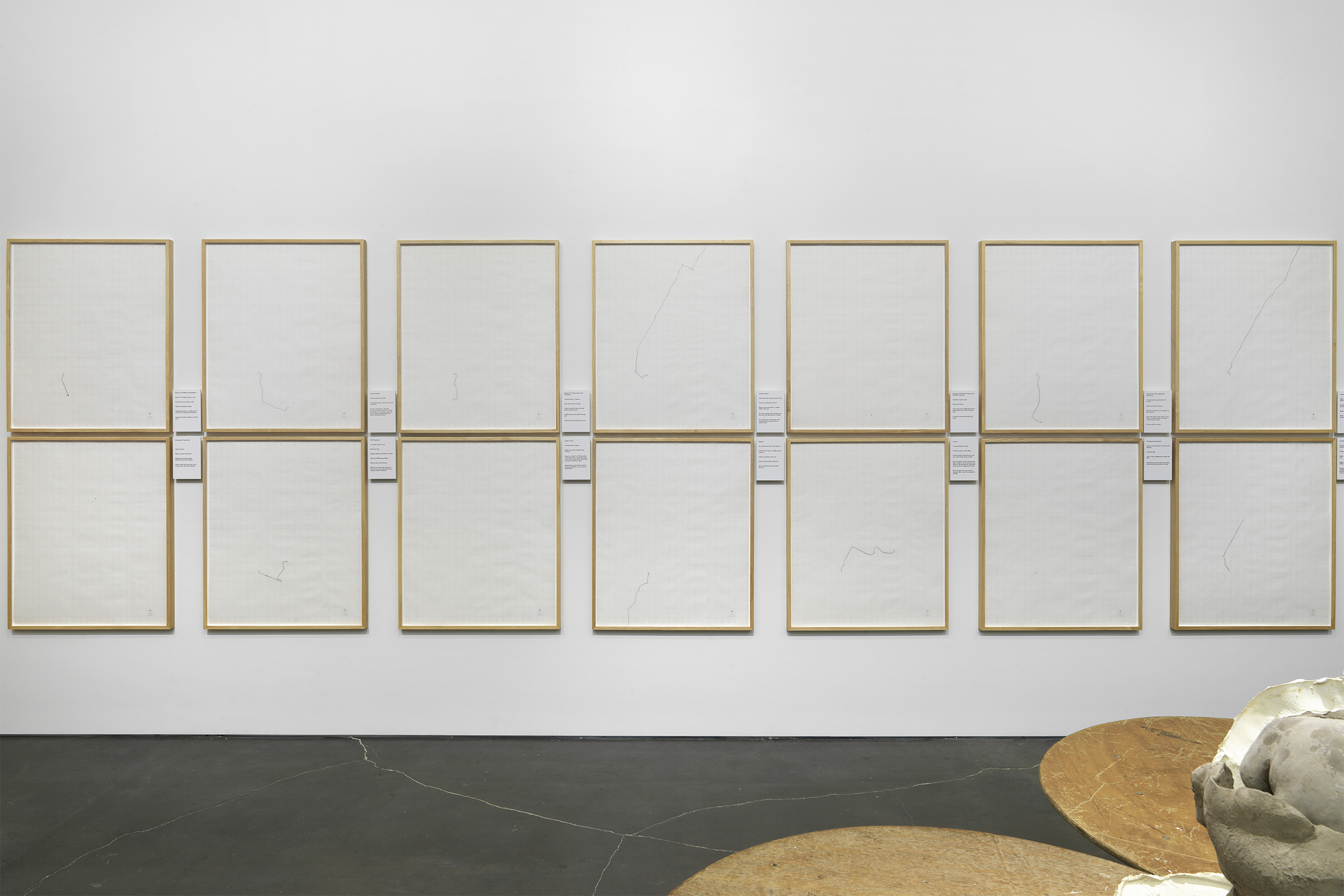 A gallery wall with two rows of seven canvases stacked on top of each other, with each showing a small line jagged line of varying lengths.